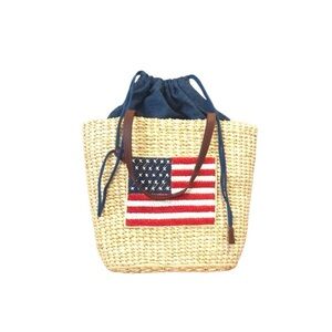 AMERICANA Vintage Straw Bag Tote With Draw String Chambray Liner